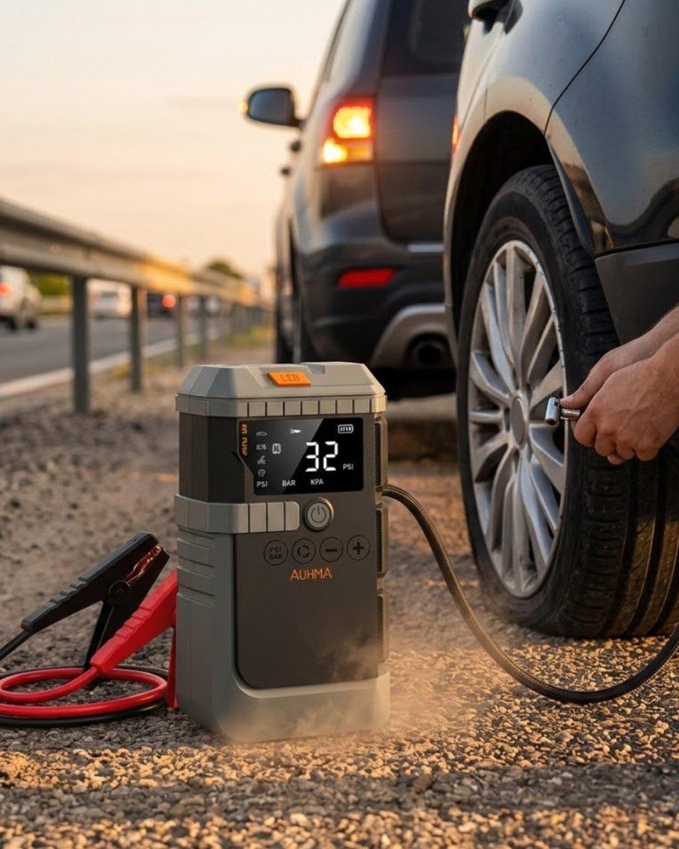 Araç Akü Takviye Powerbank Lastik Şişirme Kompresörü LED Işıklı Çok Fonksiyonlu Acil Durum Cihazı