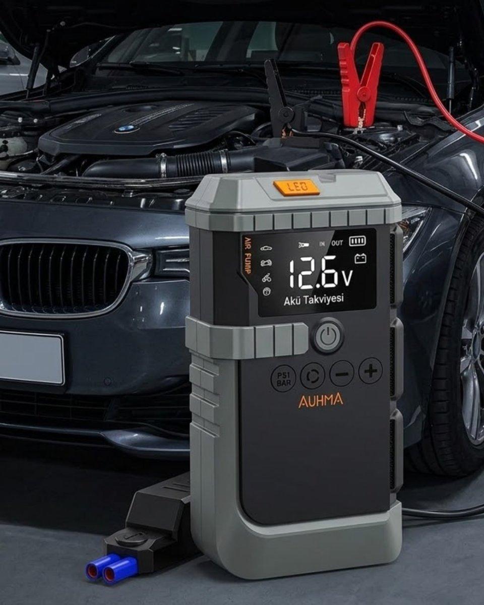 Taşınabilir Araç Çalıştırma Jump Starter Hava Pompası Dijital Basınç Göstergeli Güç Bankası